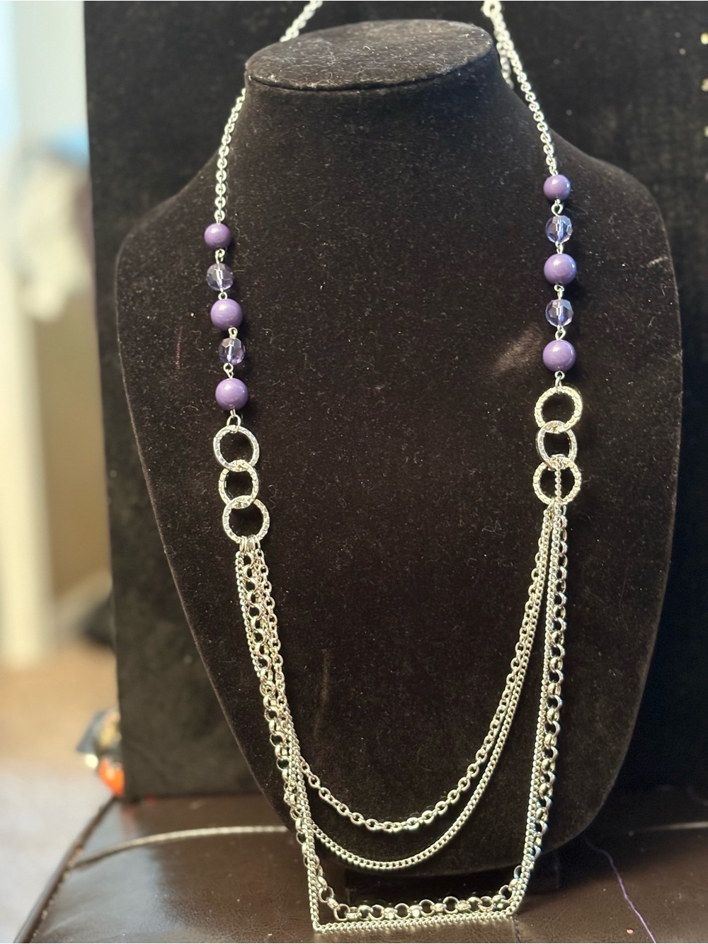 Layered Silver Chain Necklace with Purple Beads, very long